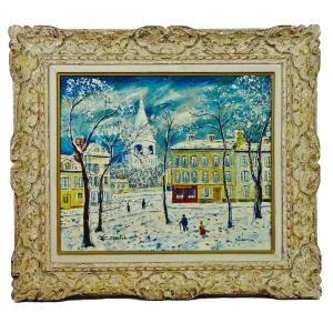 èlisée Maclet « Montmartre Sous La Neige » Huile Sur Toile XX ème