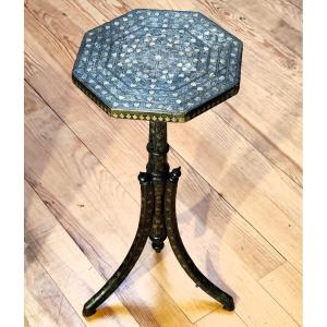 Small Tripod Pedestal Table In Blackened Wood Inlaid With Metals By Vortik Potikian Circa 1900