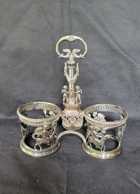 Restoration Oil Cruet Mount, Silver Minerva And Crystal, 19th Century-photo-2