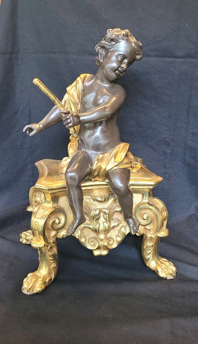 Paire De Chenets , Bronze Aux Putti XIX ème-photo-3