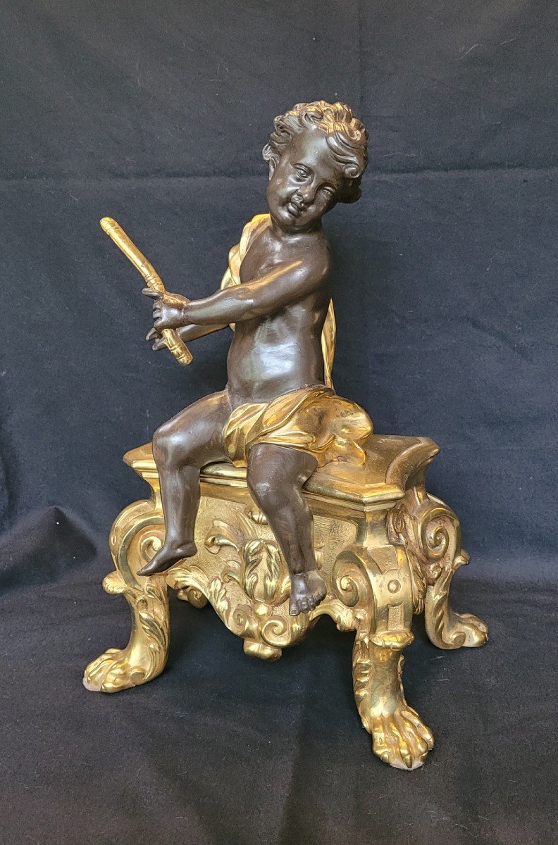 Paire De Chenets , Bronze Aux Putti XIX ème-photo-4