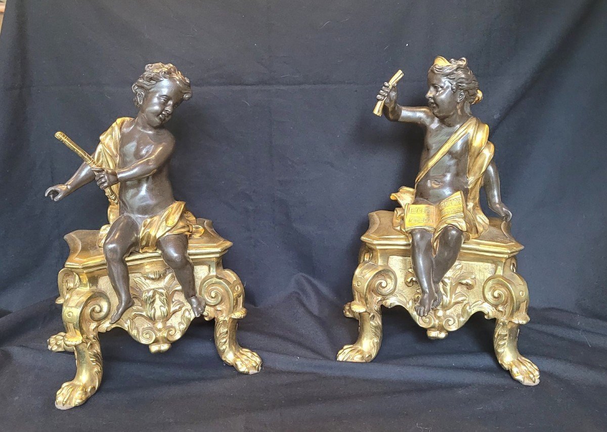 Paire De Chenets , Bronze Aux Putti XIX ème