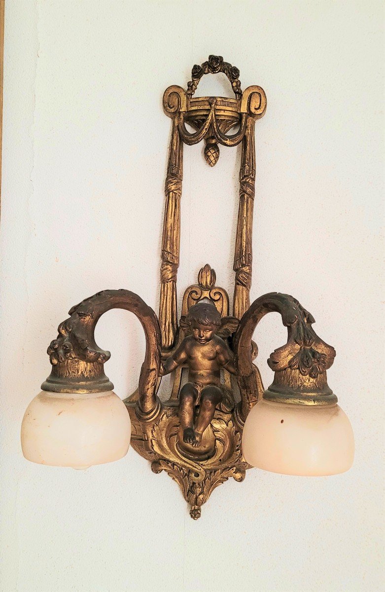 Bronze, Alabaster Suspension And Pair Of Wall Lights Putti Decor 1900-photo-4