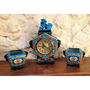 Jules Vieillard Bordeaux: Japanese Clock And Cassolettes, Caranza Enamels 19th Century