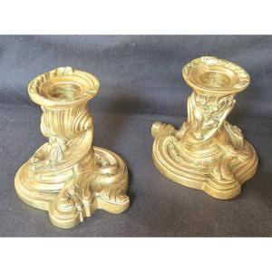 Pair Of Table Candlesticks, 19th Century Gilt Bronze