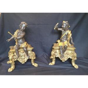 Pair Of Andirons, Bronze With Putti, 19th Century