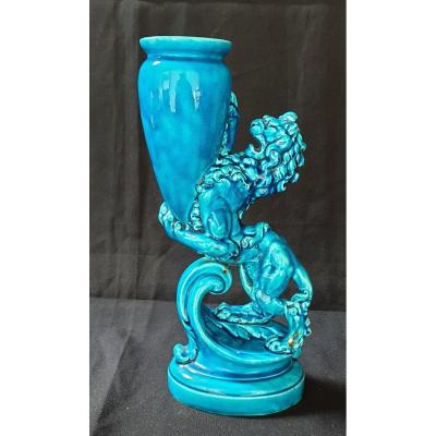 Vieillard Bordeaux, Lion Dressé, Vase émail Bleu