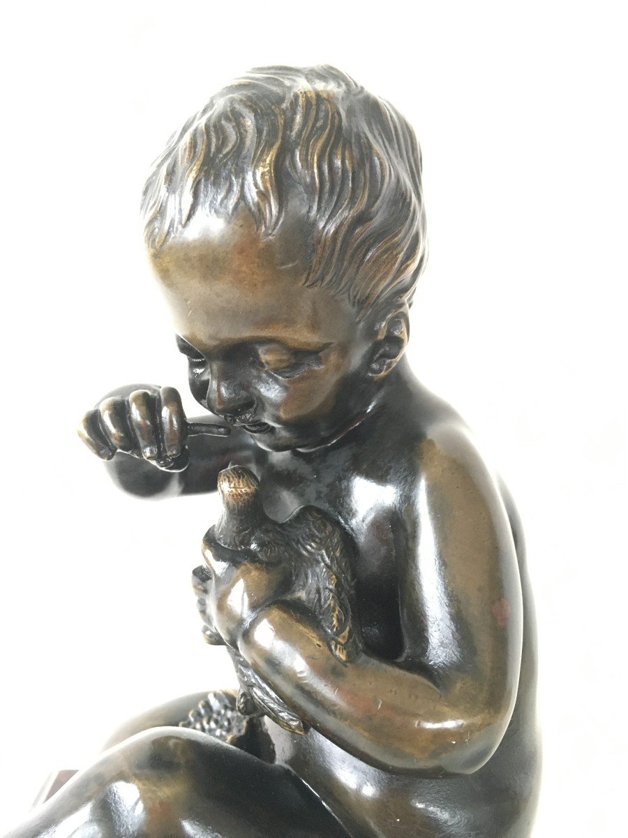 Ravissant Bronze  l' Enfant Et l'Oiseau  d'après Jean Baptiste PIGALLE (1714-1785)-photo-3