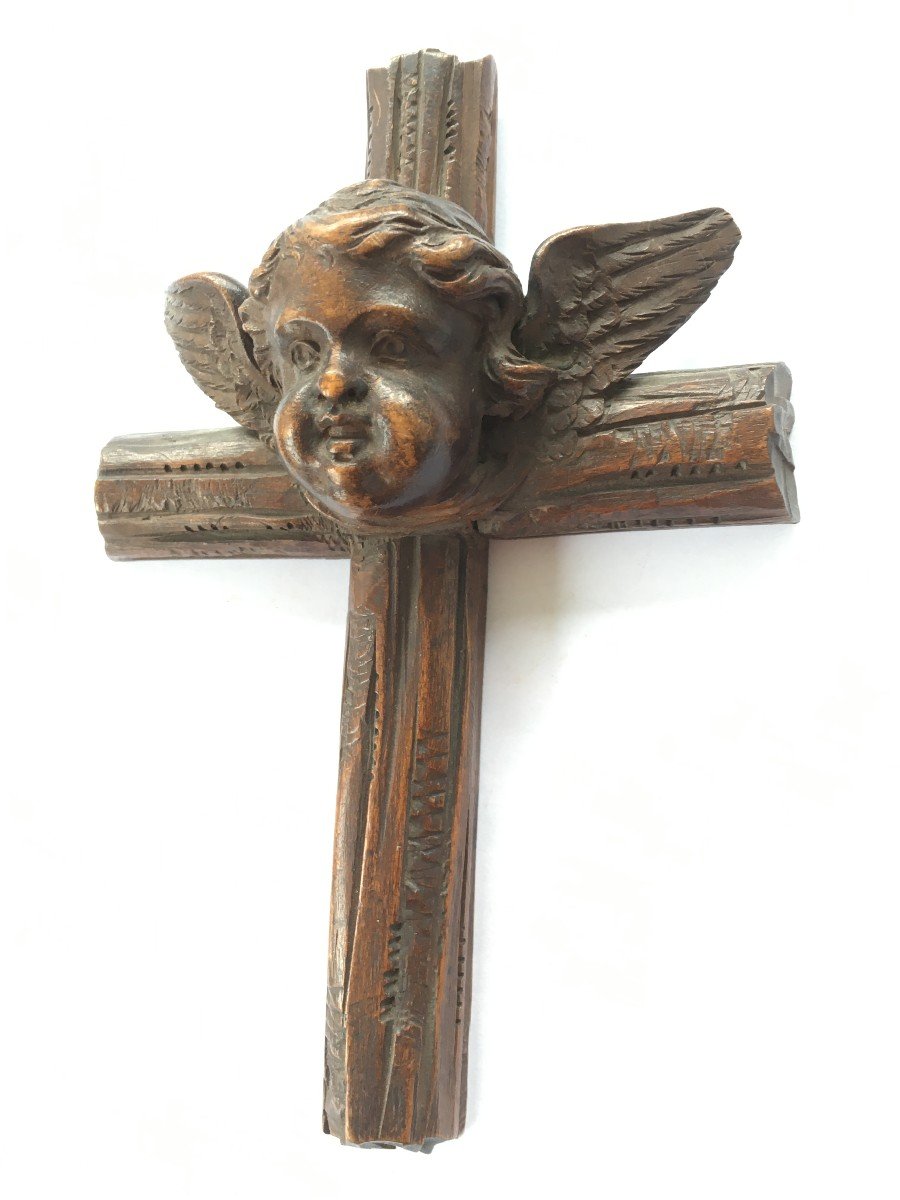 Angel Head In Carved Wood 19th Century Putti Cross-photo-3