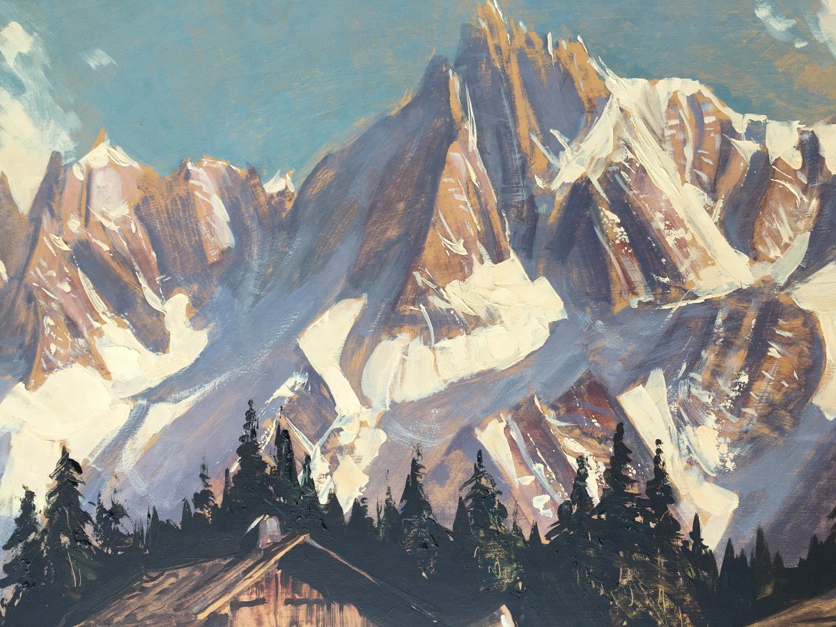 Superbe Tableau Marcel Wibault Peintre De Montagne Les Aiguilles De Chamonix-photo-4