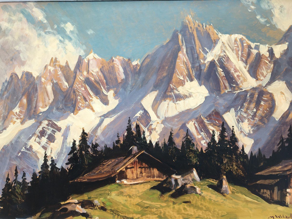 Superbe Tableau Marcel Wibault Peintre De Montagne Les Aiguilles De Chamonix-photo-3