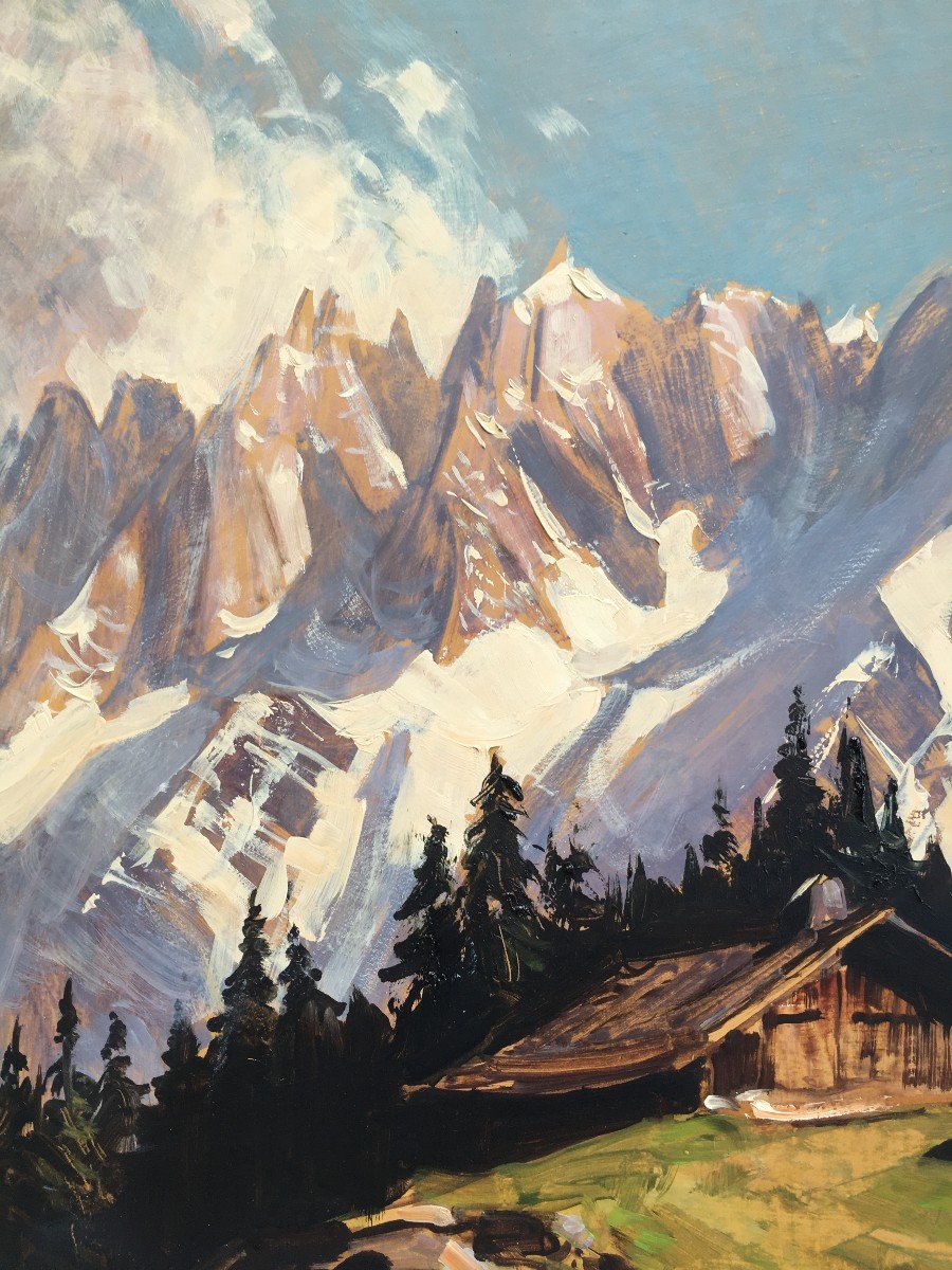 Superbe Tableau Marcel Wibault Peintre De Montagne Les Aiguilles De Chamonix-photo-1