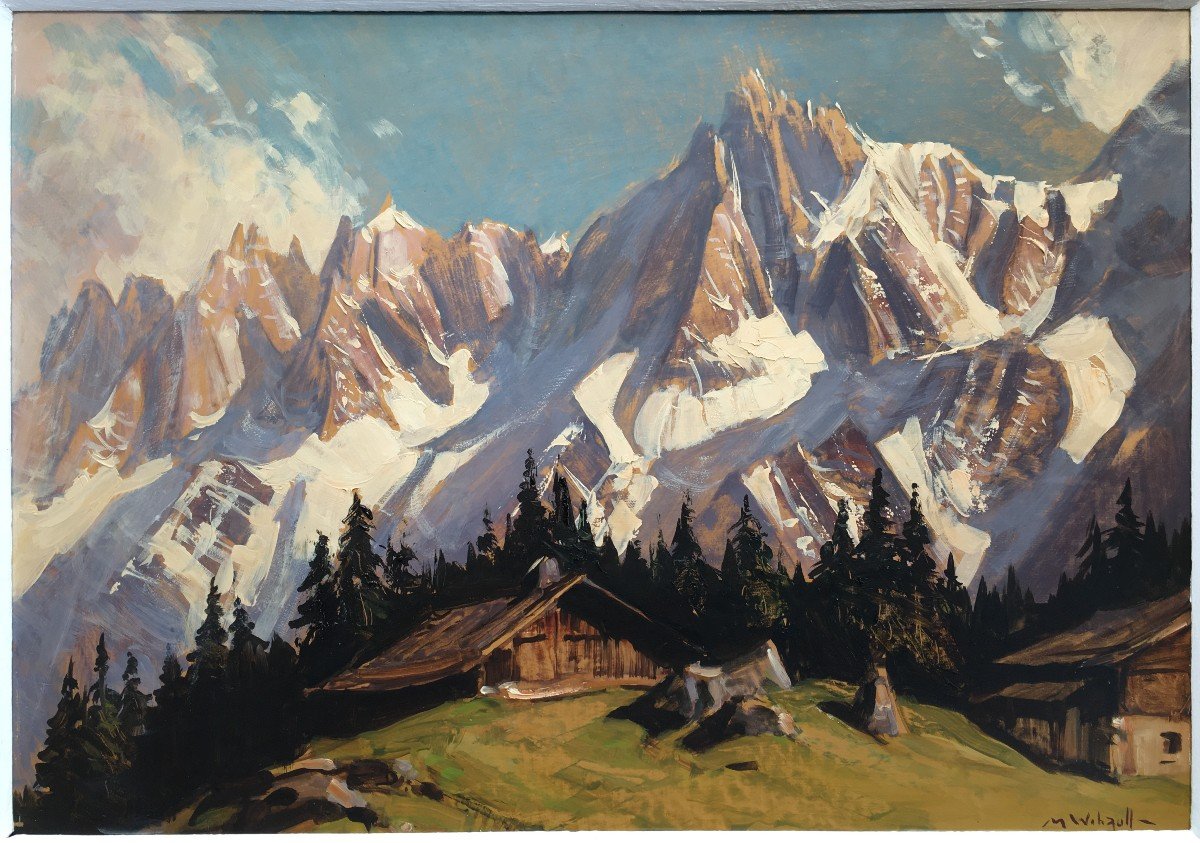 Superbe Tableau Marcel Wibault Peintre De Montagne Les Aiguilles De Chamonix