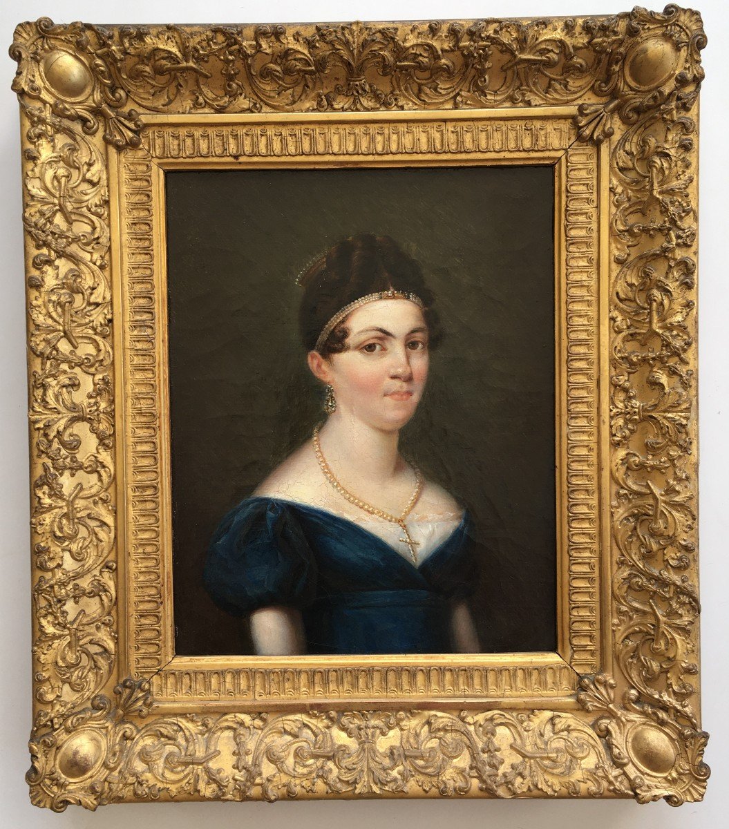 Painting Portrait Of A Woman Empire Period Golden Frame