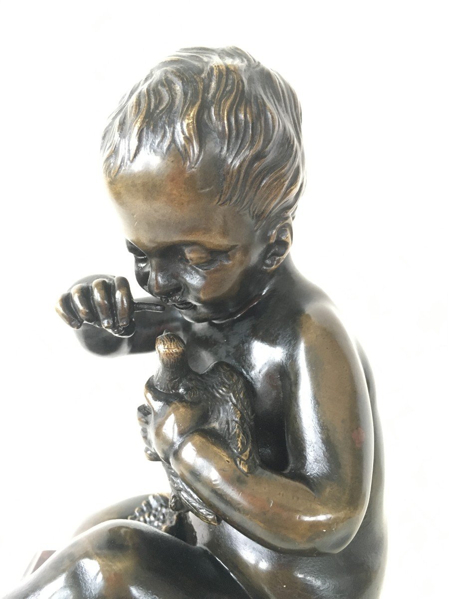 Ravissant Bronze l' Enfant Et l'Oiseau d'Après Jean Baptiste Pigalle (1714-1785)-photo-2