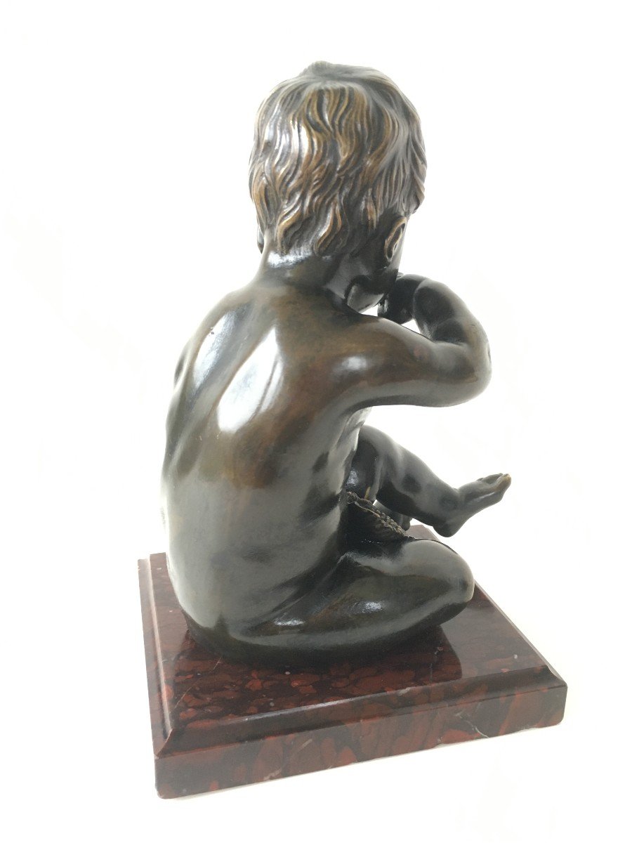 Ravissant Bronze l' Enfant Et l'Oiseau d'Après Jean Baptiste Pigalle (1714-1785)-photo-1