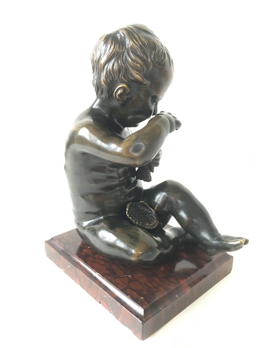 Ravissant Bronze l' Enfant Et l'Oiseau d'Après Jean Baptiste Pigalle (1714-1785)-photo-2