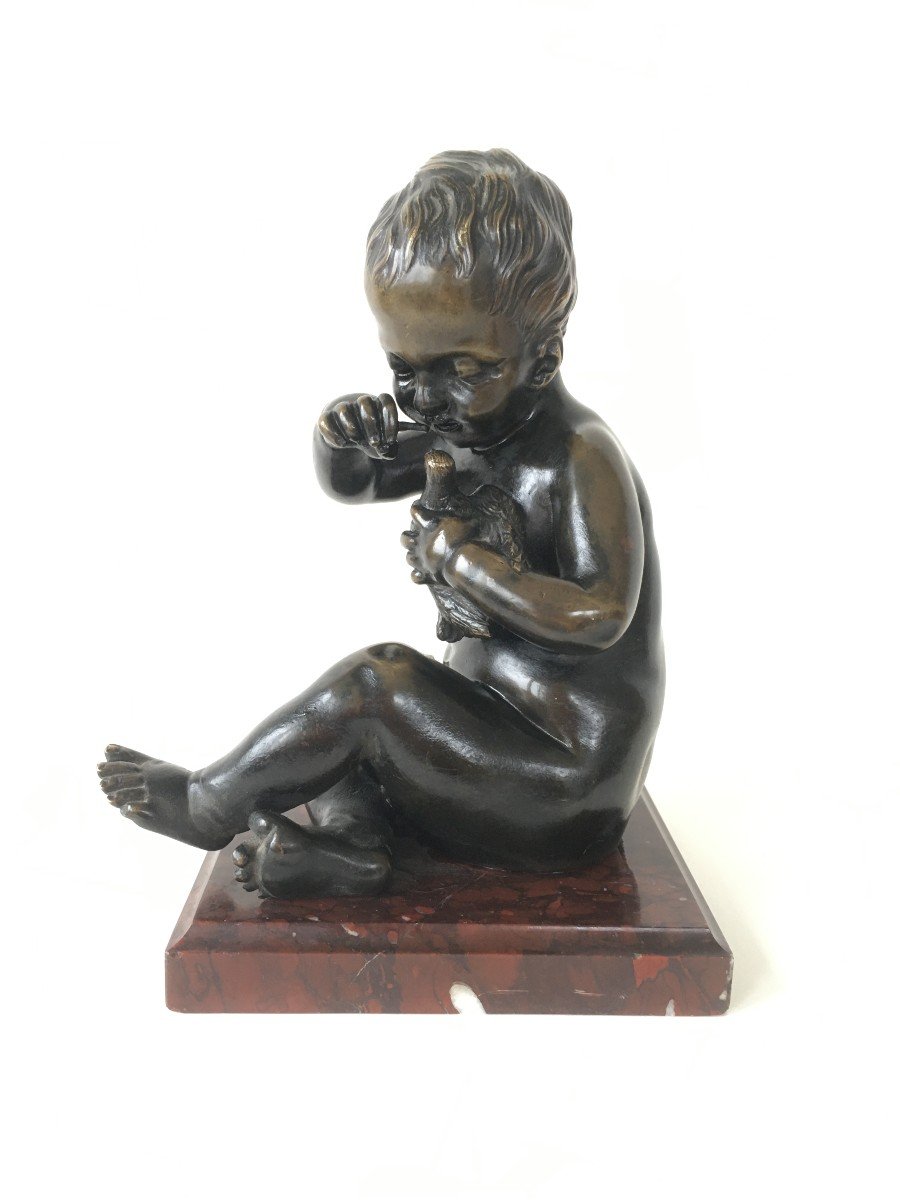 Ravissant Bronze l' Enfant Et l'Oiseau d'Après Jean Baptiste Pigalle (1714-1785)