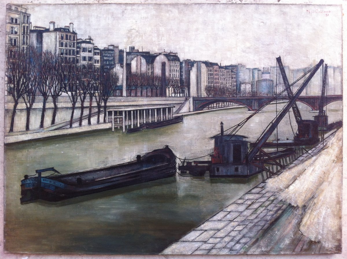 Tableau Michel De Gallard Les Quais De Seine à Paris 1951 Influence Bernard Buffet-photo-2