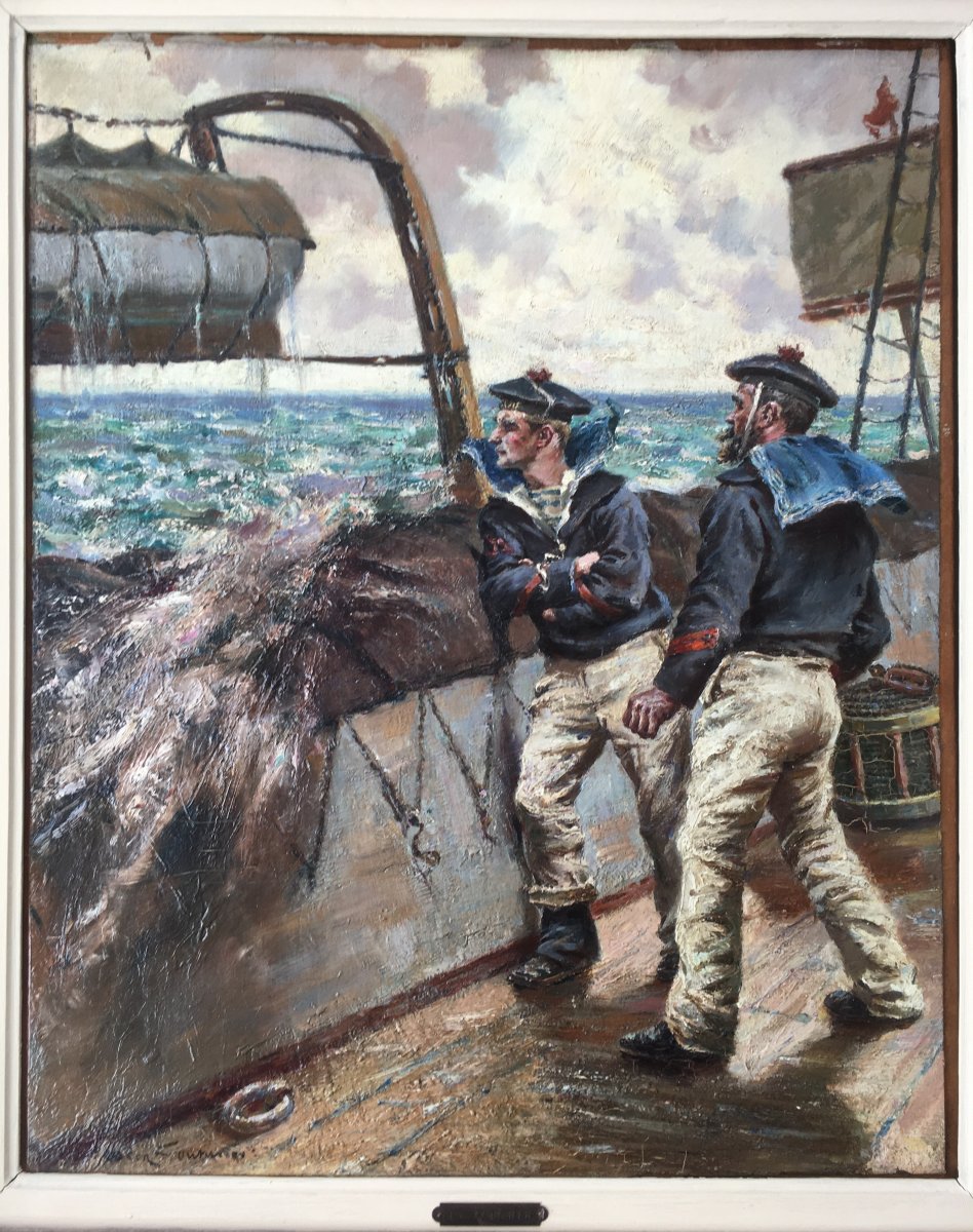 Superbe Tableau Léon Couturier (1842-1935) Peintre De La Marine, Mer, Bateaux-photo-2