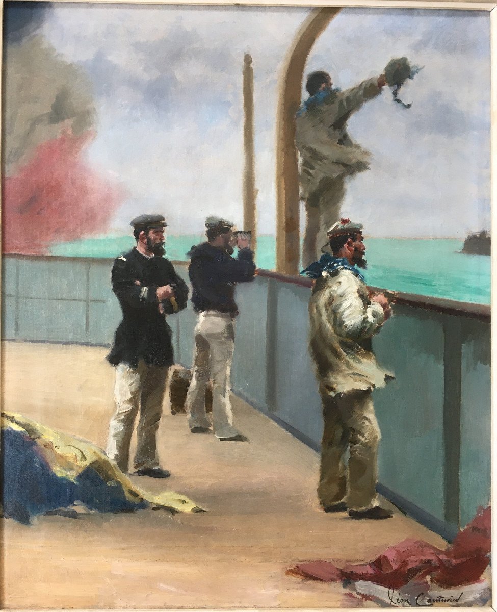 Superbe Tableau Léon Couturier (1842-1935) Peintre De La Marine, Mer, Bateaux-photo-2