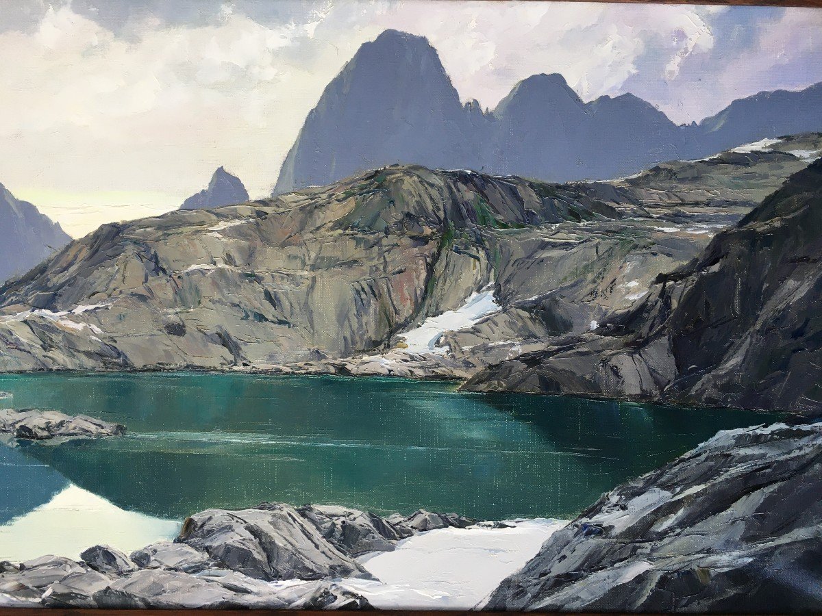 Tr&egrave;s Beau Tableau de Charles Henri Contencin Peintre De Montagne Vue Du Lac Noir &agrave; Chamonix-photo-4