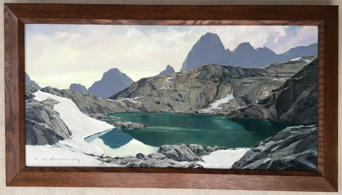 Tr&egrave;s Beau Tableau de Charles Henri Contencin Peintre De Montagne Vue Du Lac Noir &agrave; Chamonix