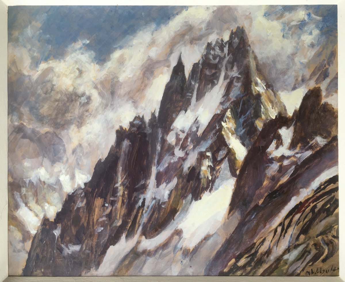 Superbe Tableau Peinture Marcel Wibault Les Grands Charmoz (aiguilles De Chamonix) Montagne-photo-2