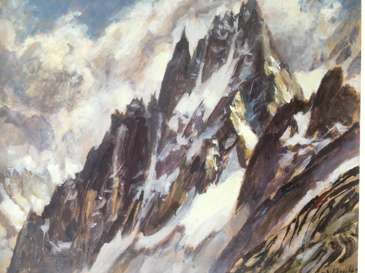 Superbe Tableau Peinture Marcel Wibault Les Grands Charmoz (aiguilles De Chamonix) Montagne-photo-3