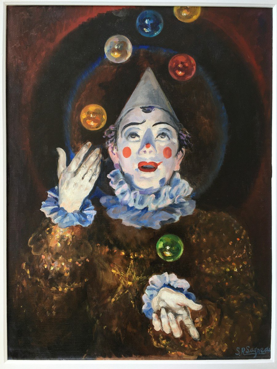 Superbe Peinture  Tableau Clown Par Suzanne Raphaelle Lagneau -photo-2