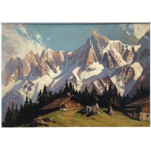 Superb Painting Marcel Wibault Mountain Painter The Needles Of Chamonix