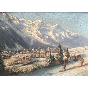 Petit Tableau Vue De Chamonix Vers 1900 Montagne Ski