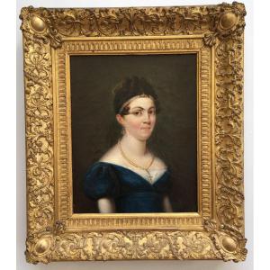 Painting Portrait Of A Woman Empire Period Golden Frame