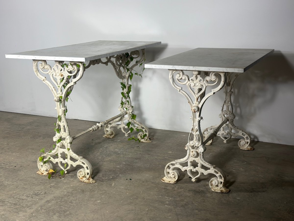 Pair Of Cast Iron And Marble Bistro Tables