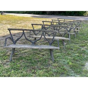 Set Of 5 Faux Wood Concrete Garden Benches 