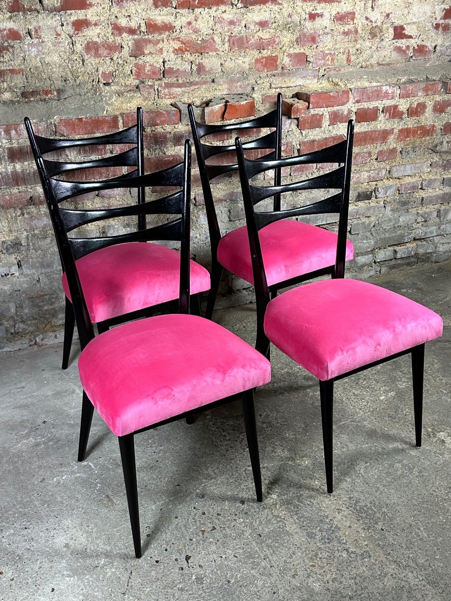 Vintage 60's Chairs (set Of 4) Italy In Blackened Wood And Pink Velvet