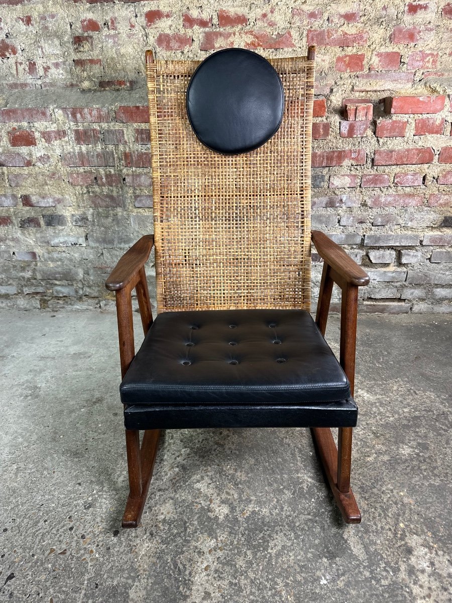 Pj Muntendam Rocking Chair In Teak And Rattan Vintage 1950-photo-2