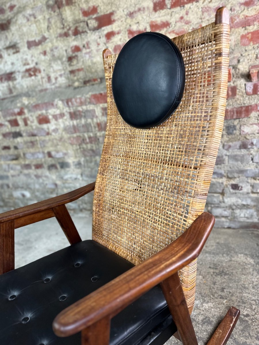 Pj Muntendam Rocking Chair In Teak And Rattan Vintage 1950-photo-3