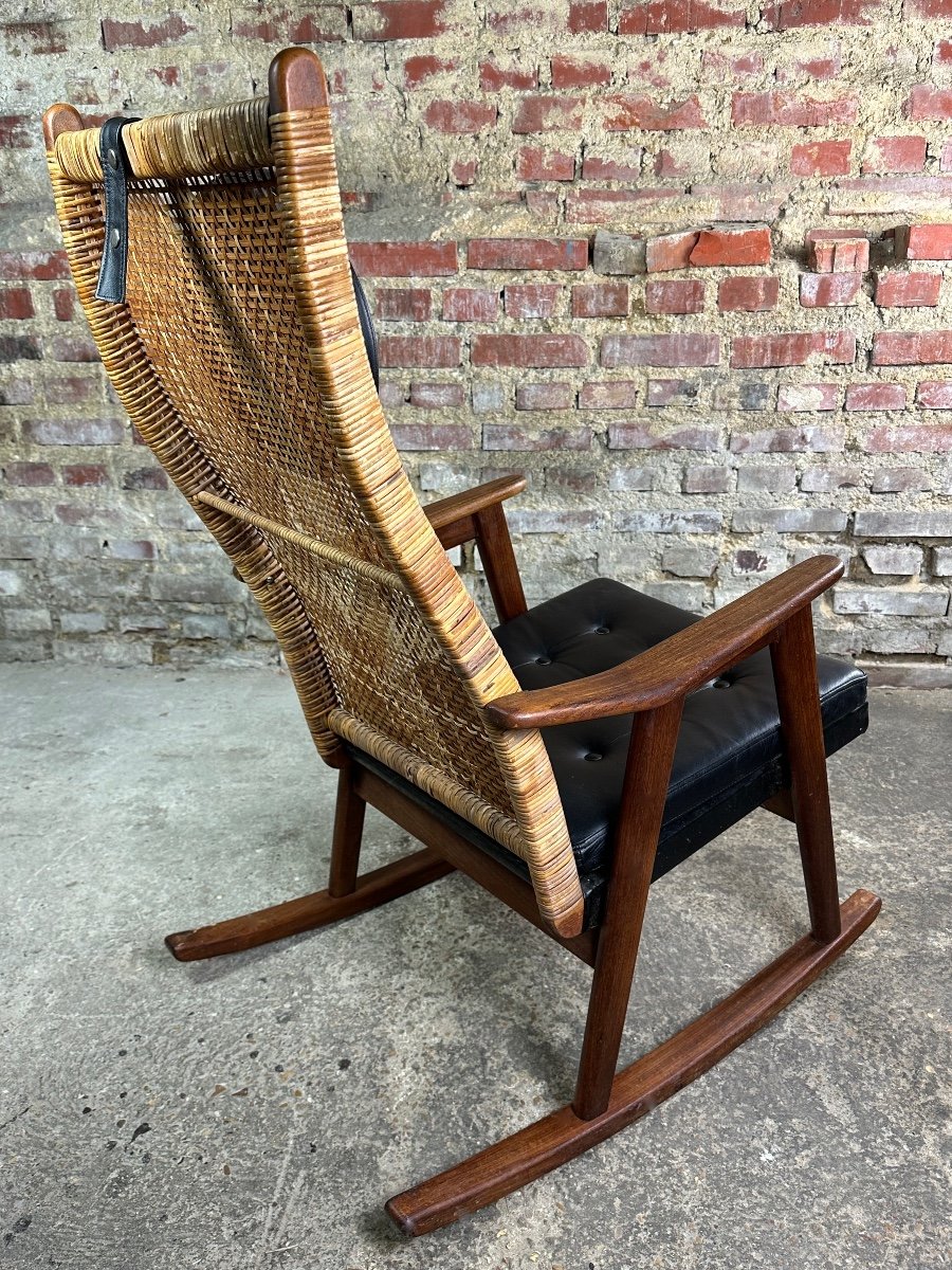 Pj Muntendam Rocking Chair In Teak And Rattan Vintage 1950-photo-1