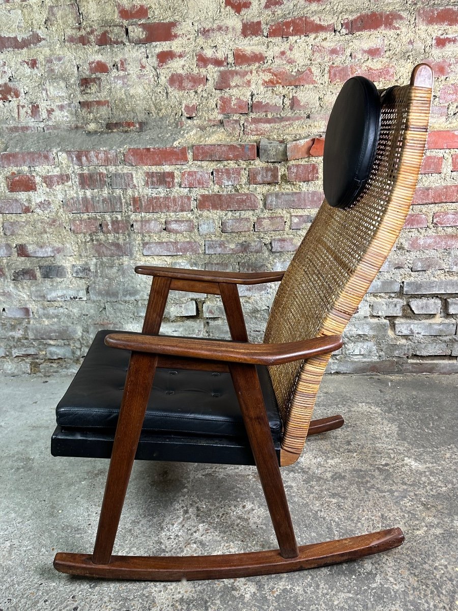 Pj Muntendam Rocking Chair In Teak And Rattan Vintage 1950-photo-3