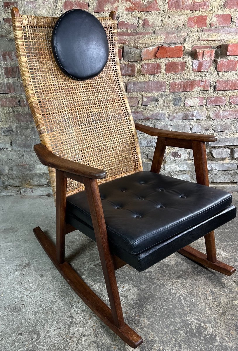 Pj Muntendam Rocking Chair In Teak And Rattan Vintage 1950