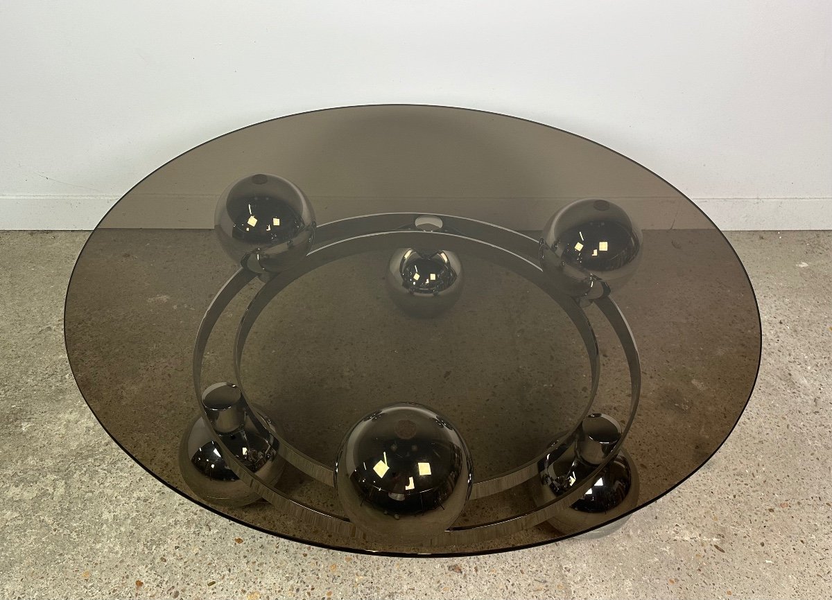 Ball Space Age Coffee Table 70's Chromed Aluminum And Smoked Glass-photo-3