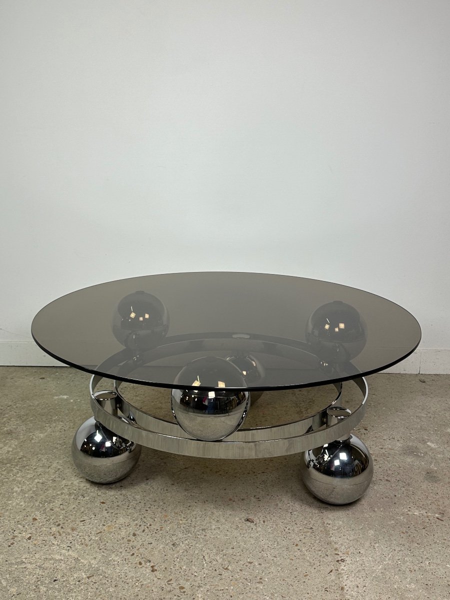 Ball Space Age Coffee Table 70's Chromed Aluminum And Smoked Glass-photo-2