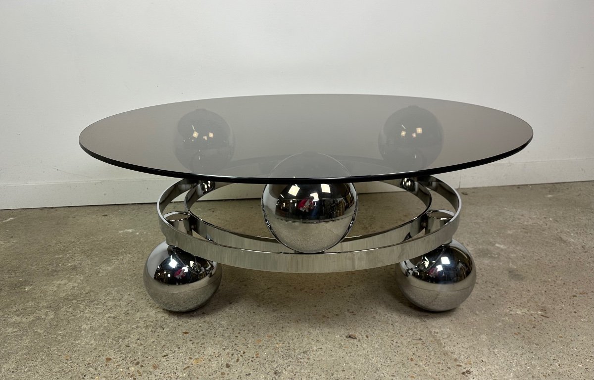 Ball Space Age Coffee Table 70's Chromed Aluminum And Smoked Glass-photo-5