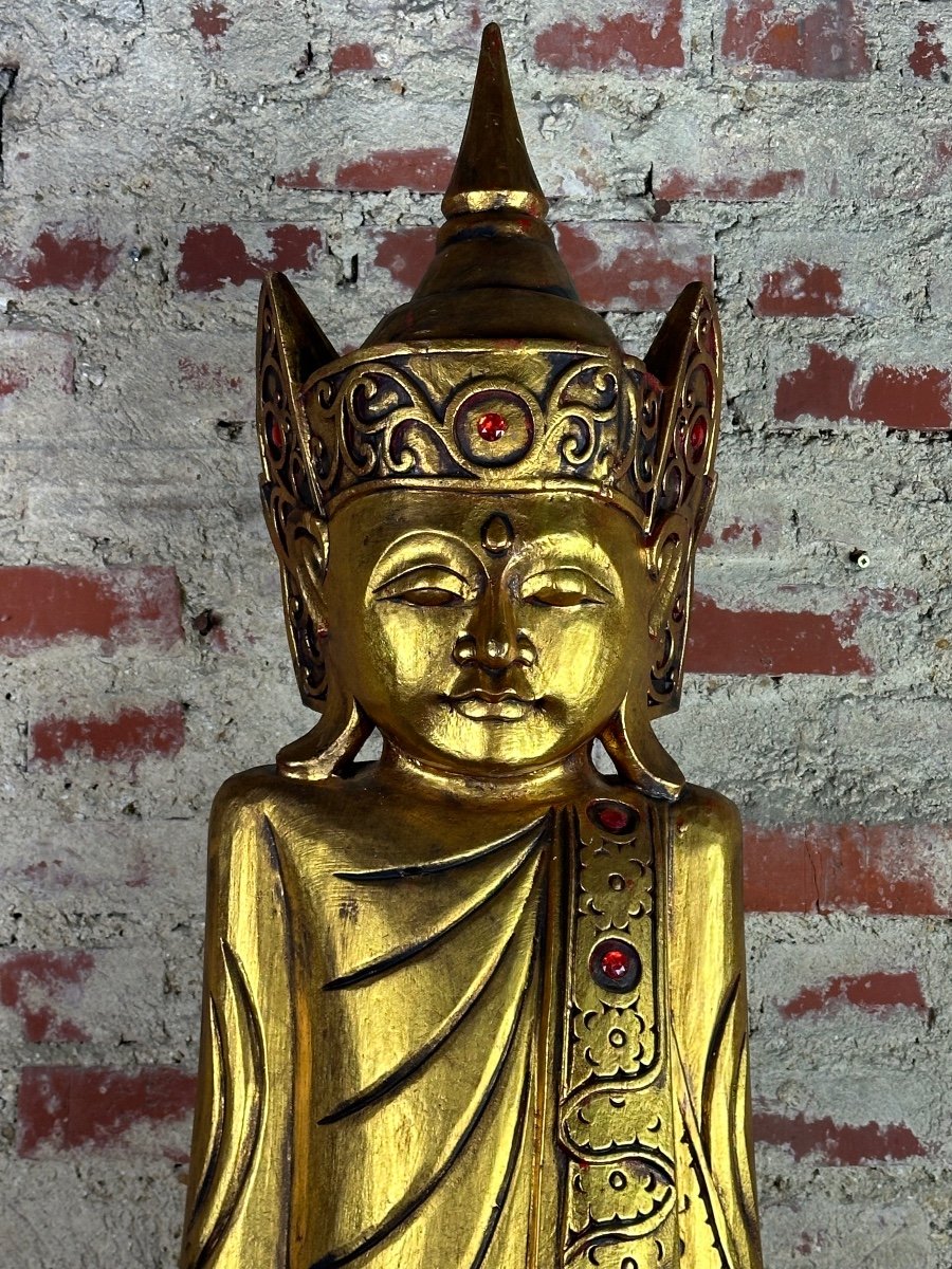 Burmese Mandalay Buddha In Carved Golden Wood Ht 205 Cm-photo-2