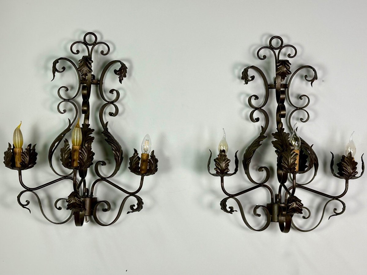 Wrought Iron Sconces (pair) With Foliage Decor-photo-6