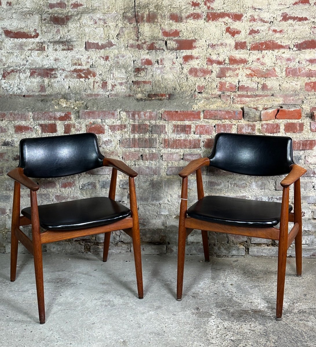 Scandinavian Armchairs (pair) In Teak And Leatherette By Erik Kirkegaard 60's-photo-2