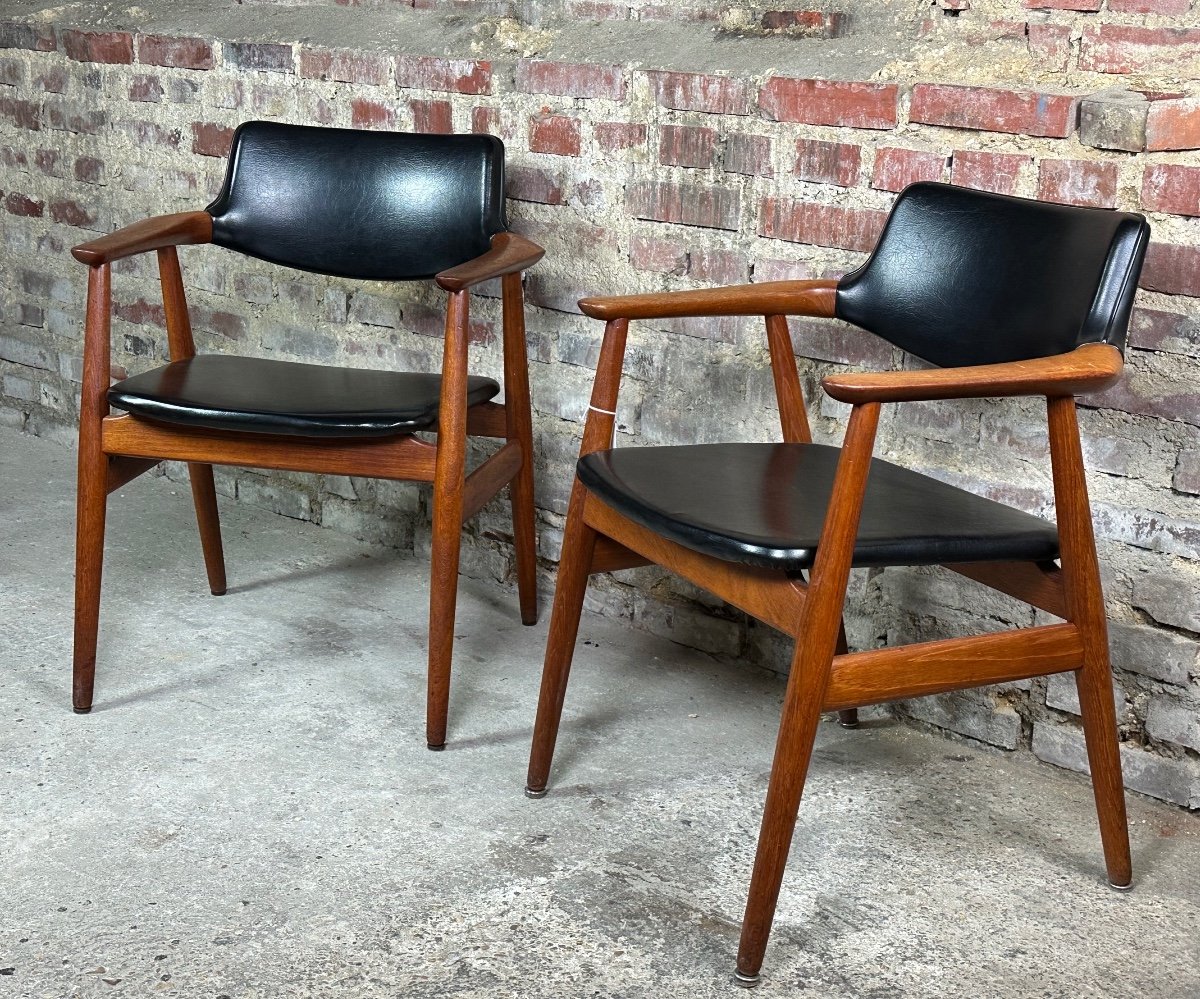 Scandinavian Armchairs (pair) In Teak And Leatherette By Erik Kirkegaard 60's