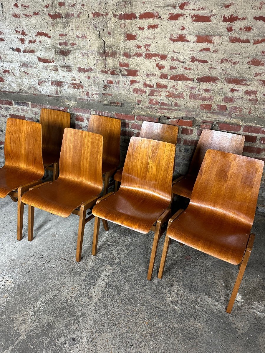 Scandinavian Chairs (set Of 8) In Thermoformed Beech 1960's-photo-7