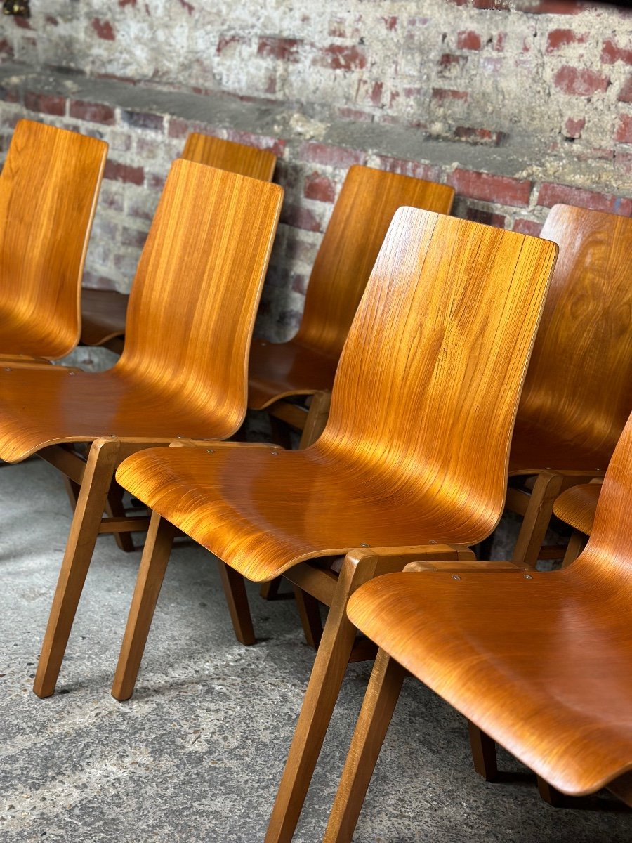 Scandinavian Chairs (set Of 8) In Thermoformed Beech 1960's-photo-8